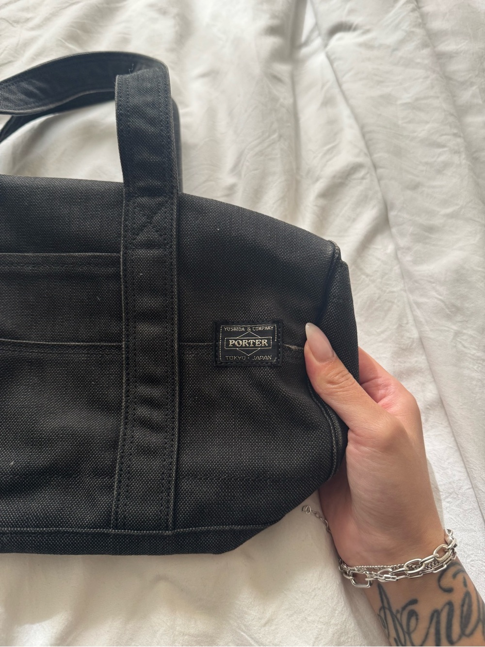 Porter Japan black denim mini duffle bag / purse